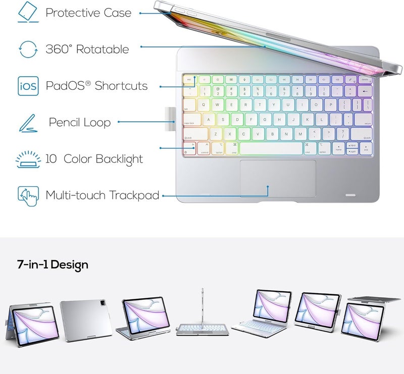 typecase Touch Keyboard for iPad Air 11 (M4/M3/M2,2026/2025/2024),Air 5th/4th & Pro 11(4th/3rd/2nd/1st) Trackpad,11-Color Backlit,360°Rotatable,Pencil Holder (Not for A16/10th/Pro 11-M5/M4)-Silver'26 - Image 3