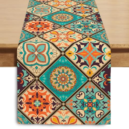 Winotic Boho Bohemian Table Runner 36 Inches Long Vintage Seasonal Table Runners for Party Kitchen Dining Coffee Table Bedroom Dressers Indoor Outdoor Machine Washable Bohemian B 13 x 36 - Image 1