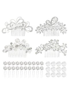 Cinaci Cinaci 36 Pack Sparkly Silver Rhinestone Pearl Flower Butterfly Bridal Hair Side Combs+U-shaped & Twist Crystal Hair Pins Clips Wedding Headpieces Prom Accessories for Women Girls Brides Bridesmaids  - Image 1