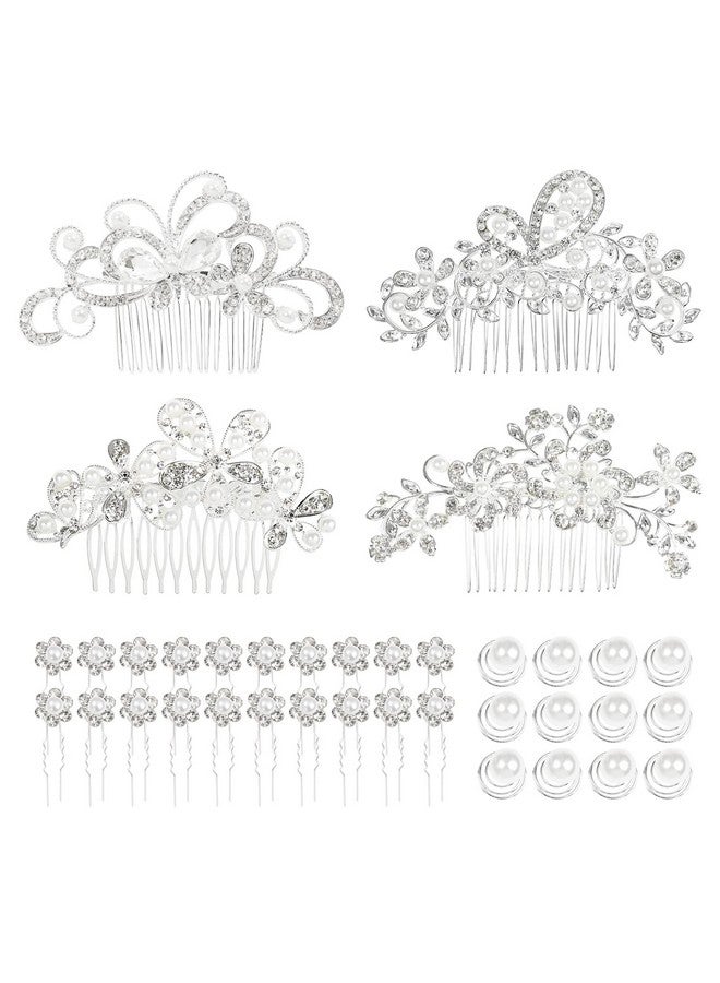 Cinaci 36 Pack Sparkly Silver Rhinestone Pearl Flower Butterfly Bridal Hair Side Combs+U-shaped & Twist Crystal Hair Pins Clips Wedding Headpieces Prom Accessories for Women Girls Brides Bridesmaids - Image 1