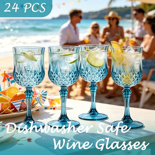 LEYIQU Plastic Wine Glasses, Plastic Goblets Vintage Style Cordial Unbreakable Drinking Glasses, Reusable Drinkware for Wedding Reception, Grand Event Party Supplies (24, Dusty Blue) - Image 3