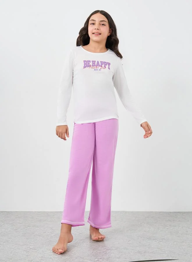 ستايلي Styli Slogan Print T-Shirt and Pyjama Set