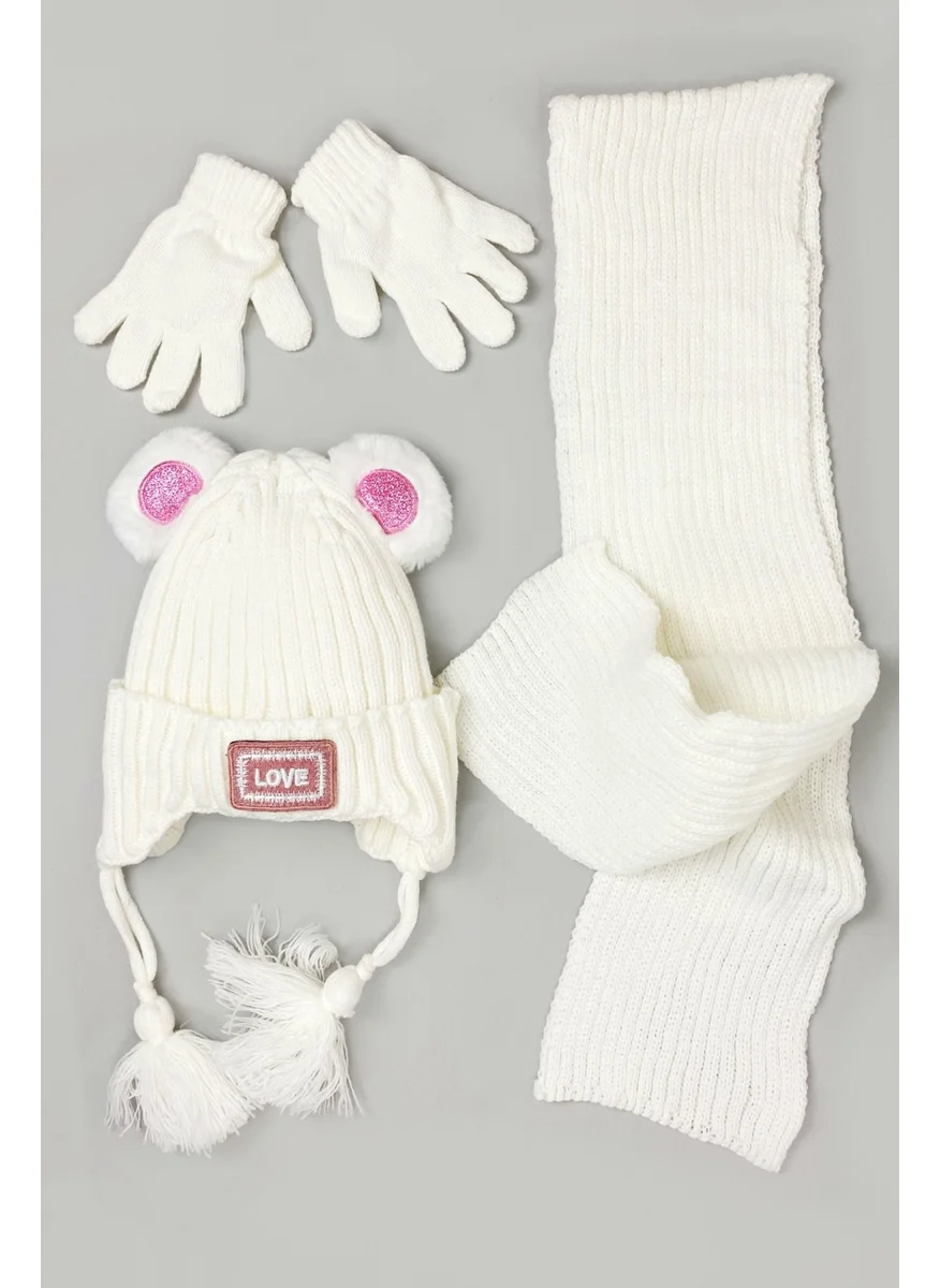 Kitti Mix-Love Knitwear Baby Girl Scarf Beanie Glove Set Ecru
