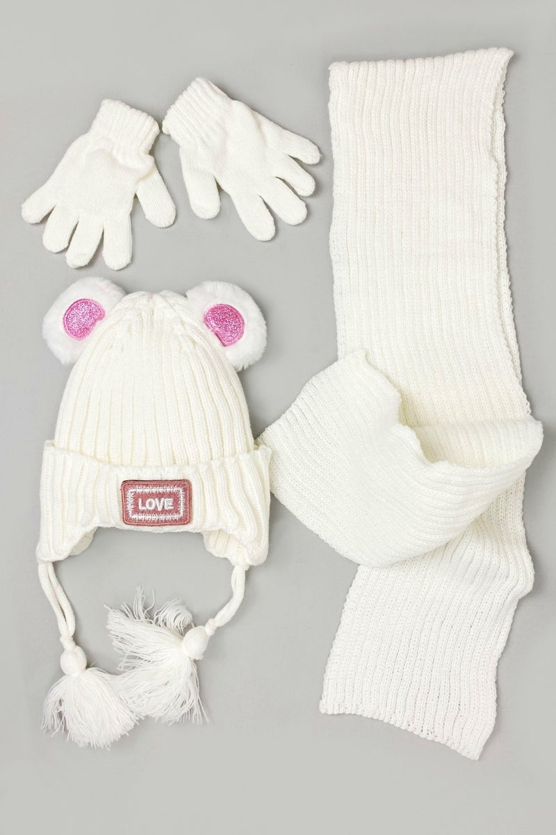 Kitti Mix-Love Knitwear Baby Girl Scarf Beanie Glove Set Ecru  - Image 1