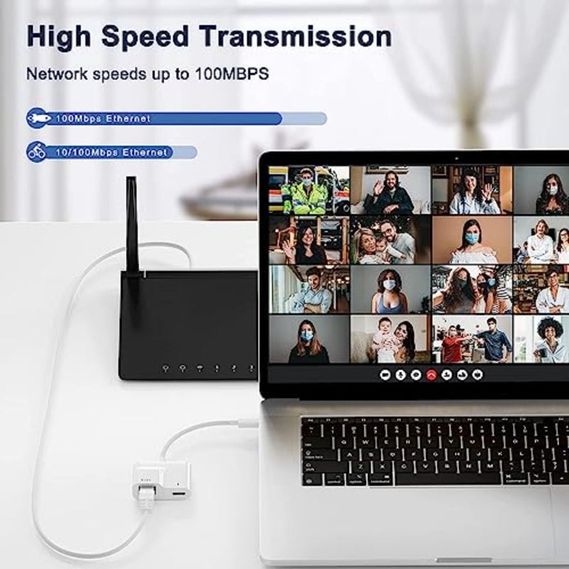 USB C to Ethernet Adapter for office use, aluminum alloy, black, 2-in-1 with 60W PD charging and 10/100Mbps network support - Image 5