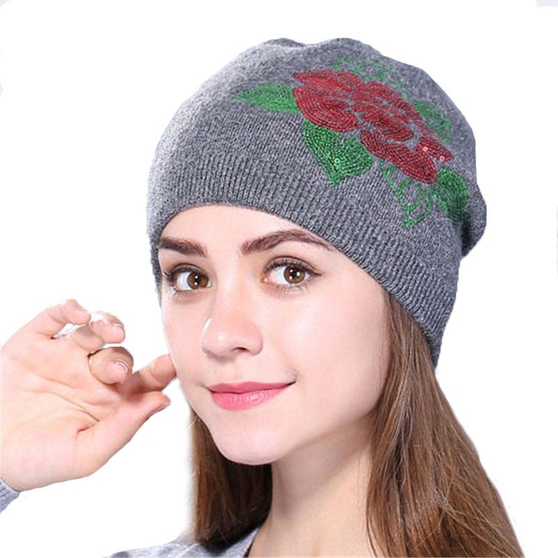 Beanie Women Autumn Winter Cashmere Sequin Embroidery Skullcap Fashion Warm Hat - Image 3