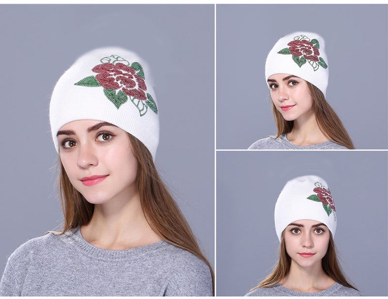 Beanie Women Autumn Winter Cashmere Sequin Embroidery Skullcap Fashion Warm Hat - Image 2