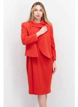 Nipon Boutique Women 2 Pcs Solid Button Front Sheath Jacket Dress Set, Red  - Image 1