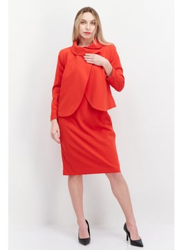 Nipon Boutique Women 2 Pcs Solid Button Front Sheath Jacket Dress Set, Red  - Image 3