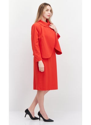 Nipon Boutique Women 2 Pcs Solid Button Front Sheath Jacket Dress Set, Red  - Image 2