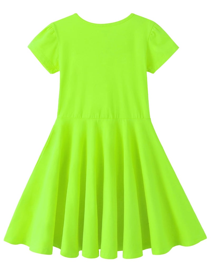 Noomelfish Girls Short Puff Sleeve Dress Summer Casual Knit Swing Twirl Skater Dresses with Pockets, Neon Green, Size 9-10 Years - Image 2