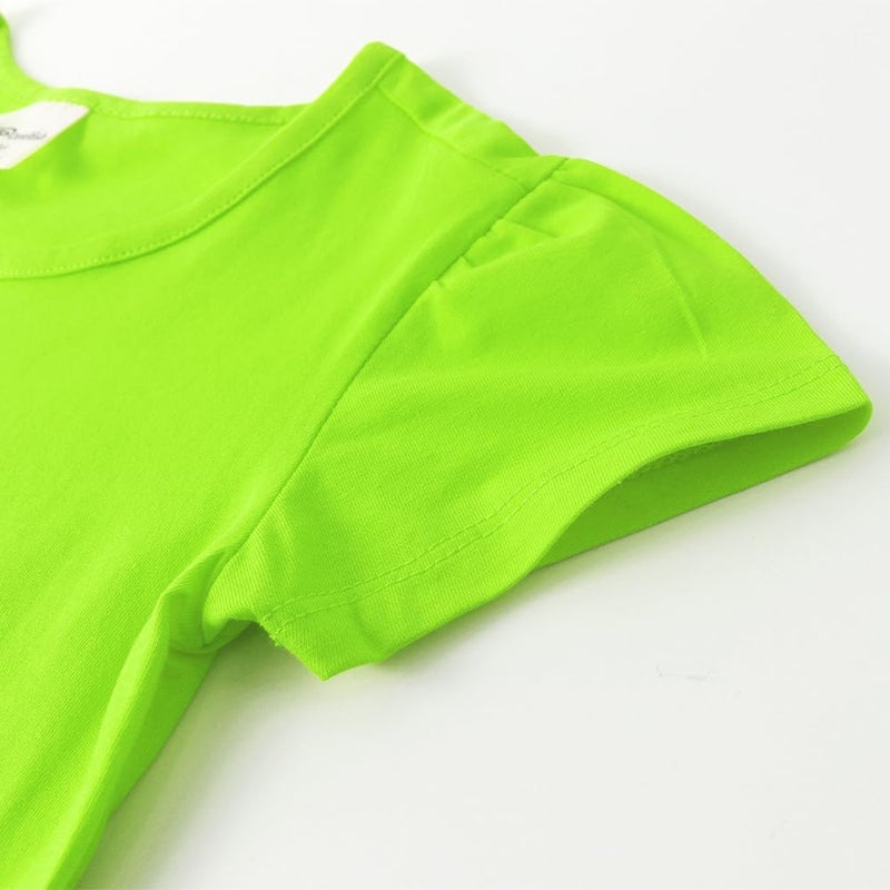 Noomelfish Girls Short Puff Sleeve Dress Summer Casual Knit Swing Twirl Skater Dresses with Pockets, Neon Green, Size 9-10 Years - Image 3