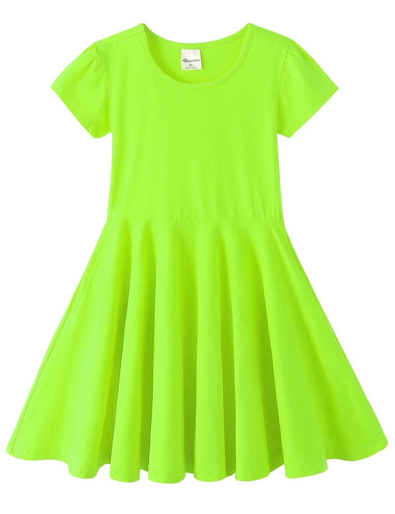 Noomelfish Girls Short Puff Sleeve Dress Summer Casual Knit Swing Twirl Skater Dresses with Pockets, Neon Green, Size 9-10 Years - Image 1