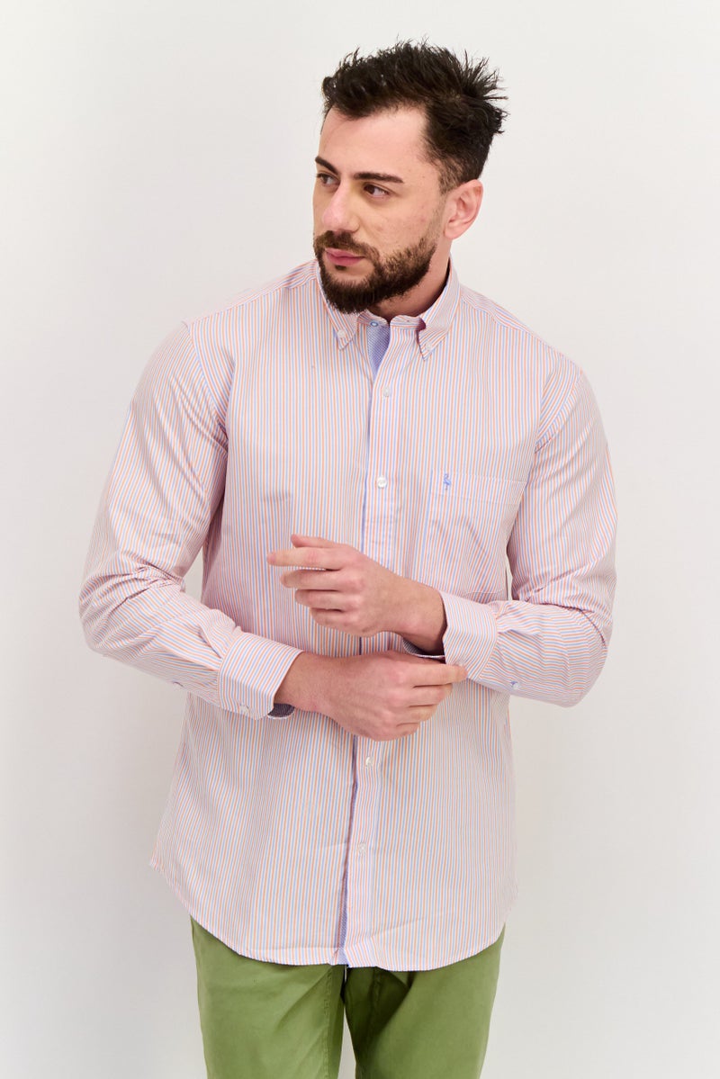 Tailorbyrd قميص رجالي عادي بأكمام طويلة مخطط، مجموعة برتقالية/زرقاء - Image 1