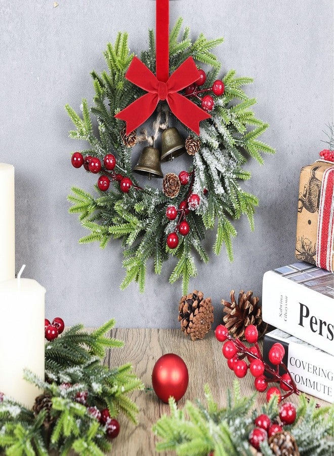YLOLUL 4 PCS Mini Christmas Cabinets Wreaths for Kitchen Small Christmas Wreaths Artificial Norfolk Cedar Wreath with Red Velvet Ribbon Bows Bell Berry Hanging Garland for Door Wall Window Chair Porch Decor - Image 2