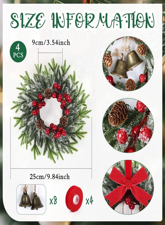 YLOLUL 4 PCS Mini Christmas Cabinets Wreaths for Kitchen Small Christmas Wreaths Artificial Norfolk Cedar Wreath with Red Velvet Ribbon Bows Bell Berry Hanging Garland for Door Wall Window Chair Porch Decor - Image 3
