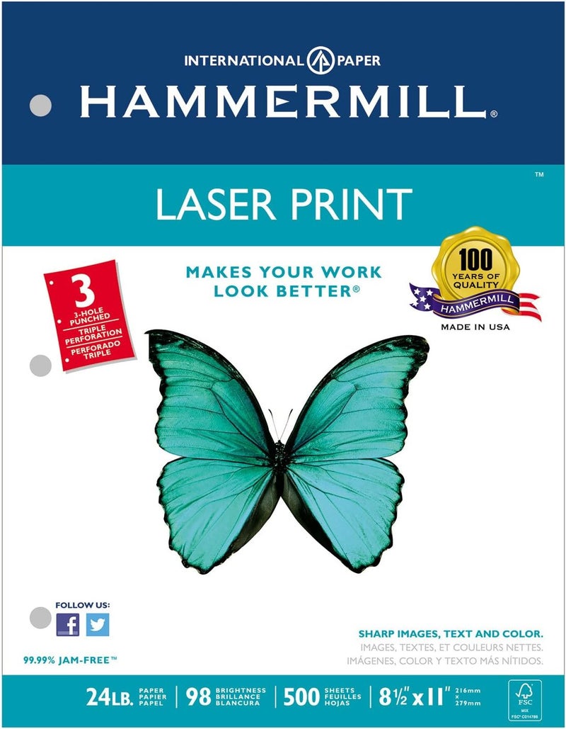 Hammermill 107681 Laser Print Office Paper, 3-Hole Punch, 98 Brightness, 24lb, Ltr, White, 500/Rm - Image 1