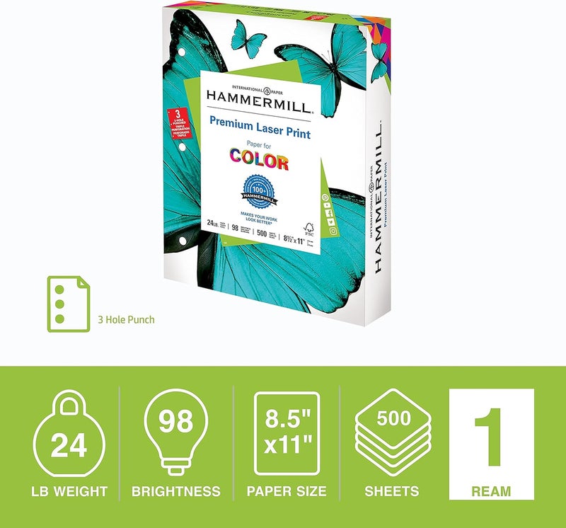 Hammermill 107681 Laser Print Office Paper, 3-Hole Punch, 98 Brightness, 24lb, Ltr, White, 500/Rm - Image 3