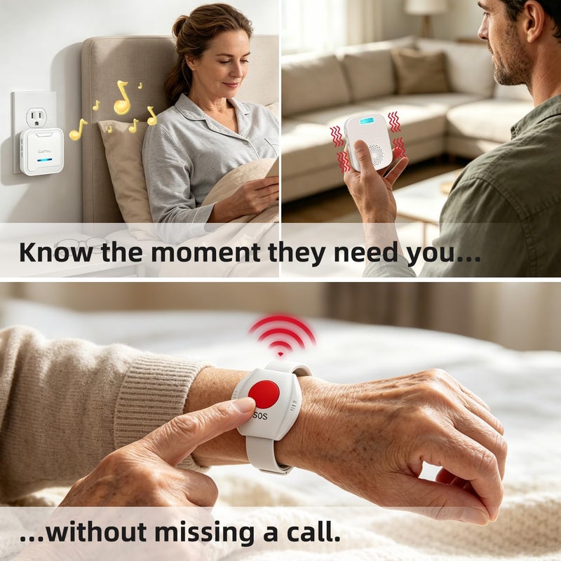 CallToU Wireless Caregiver Pager Call Button for Elderly, Medical Alert Systems for Seniors/Elderly Monitoring with 2 Call Bell, 500+Feet, 1 Plug-in Receiver+1 USB Receiver for Home Patients Emergency - Image 2