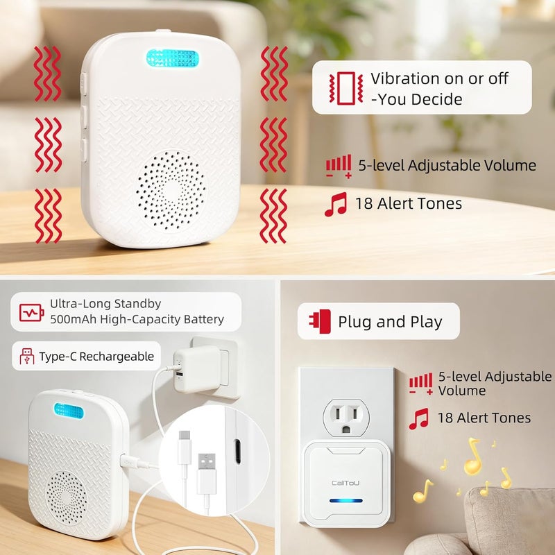 CallToU Wireless Caregiver Pager Call Button for Elderly, Medical Alert Systems for Seniors/Elderly Monitoring with 2 Call Bell, 500+Feet, 1 Plug-in Receiver+1 USB Receiver for Home Patients Emergency - Image 3
