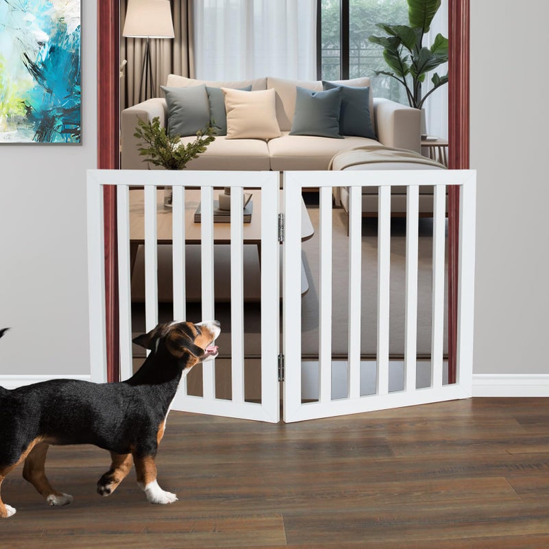 ZJSF Freestanding Indoor Dog Gate for House Foldable Wood White Puppy Gate for Doorways Pet Gate for Stairs Extra Wide Pet Fence 24" Height 2 Panels - Image 1