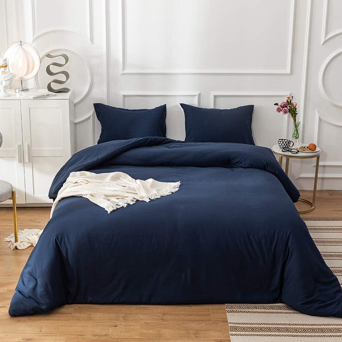 DARK BLUE KING SIZE COMFORTER SET 3PCS NAVY BLUE BEDDING COMFORTER SETS WOMEN MEN COMFORTER BLUE COMFORTERS WITH 2 PILLOW CASES