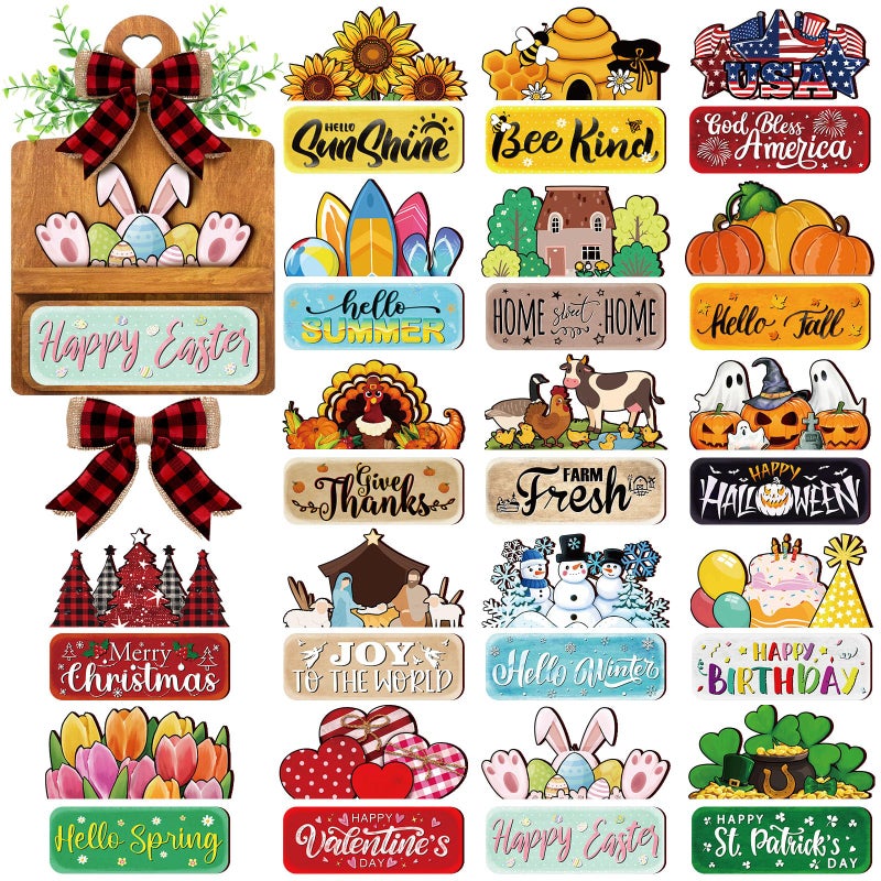 GlikCeil 37 Pcs Interchangeable Seasonal Decor Farmhouse Breadboard Interchangeable Seasonal Tier Tray Decor Holiday Halloween Thanksgiving Christmas Wooden Decoration with Bow for Table Kitchen - Image 1