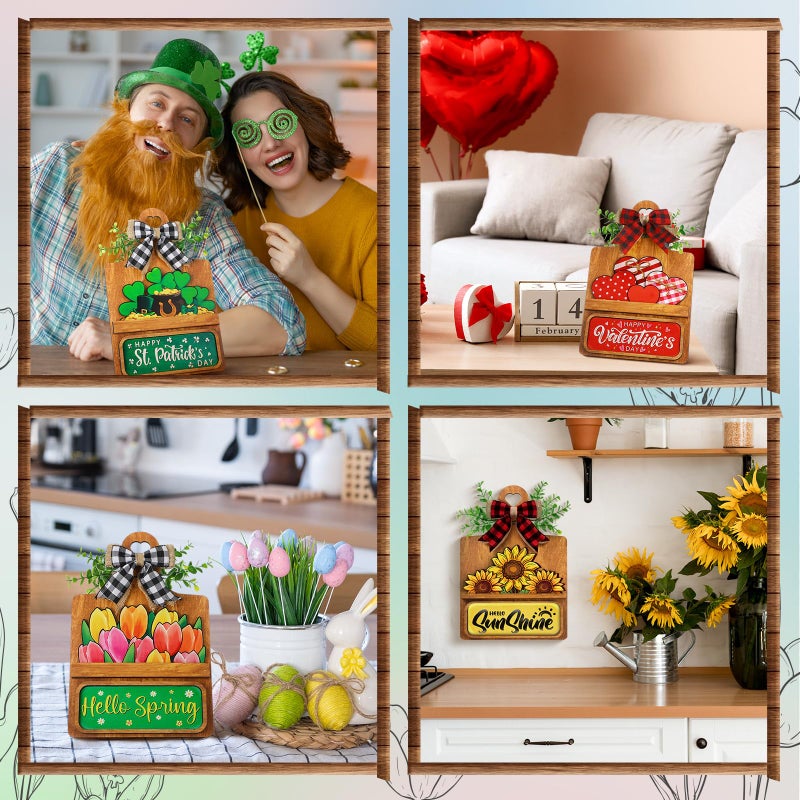 GlikCeil 37 Pcs Interchangeable Seasonal Decor Farmhouse Breadboard Interchangeable Seasonal Tier Tray Decor Holiday Halloween Thanksgiving Christmas Wooden Decoration with Bow for Table Kitchen - Image 2