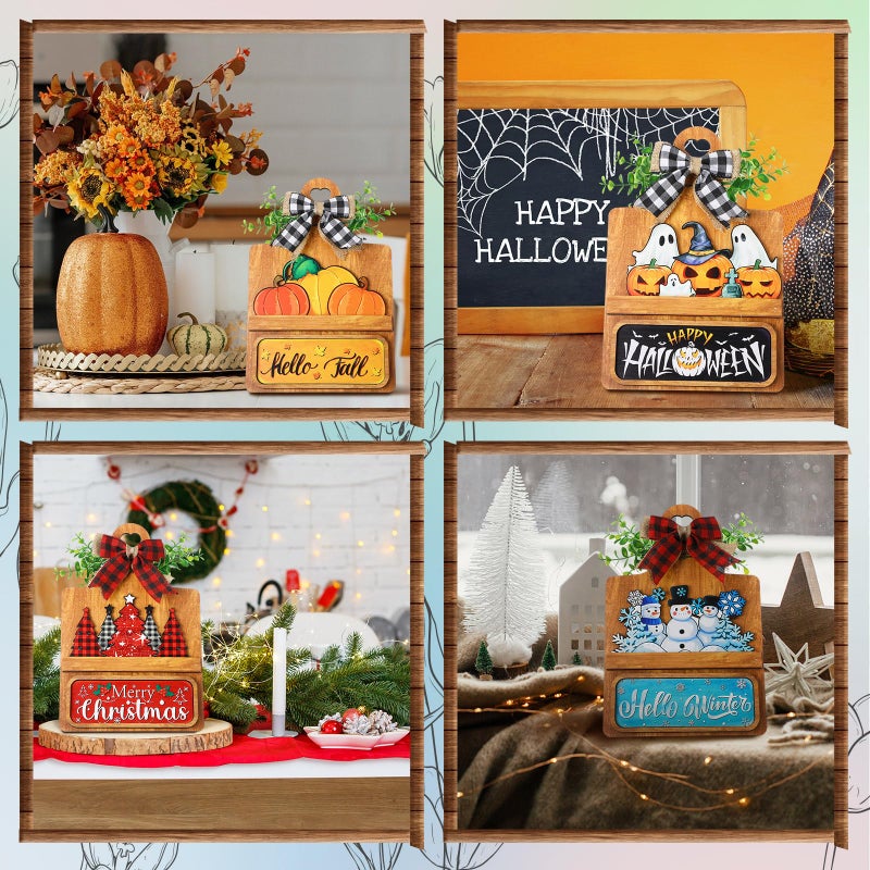 GlikCeil 37 Pcs Interchangeable Seasonal Decor Farmhouse Breadboard Interchangeable Seasonal Tier Tray Decor Holiday Halloween Thanksgiving Christmas Wooden Decoration with Bow for Table Kitchen - Image 5