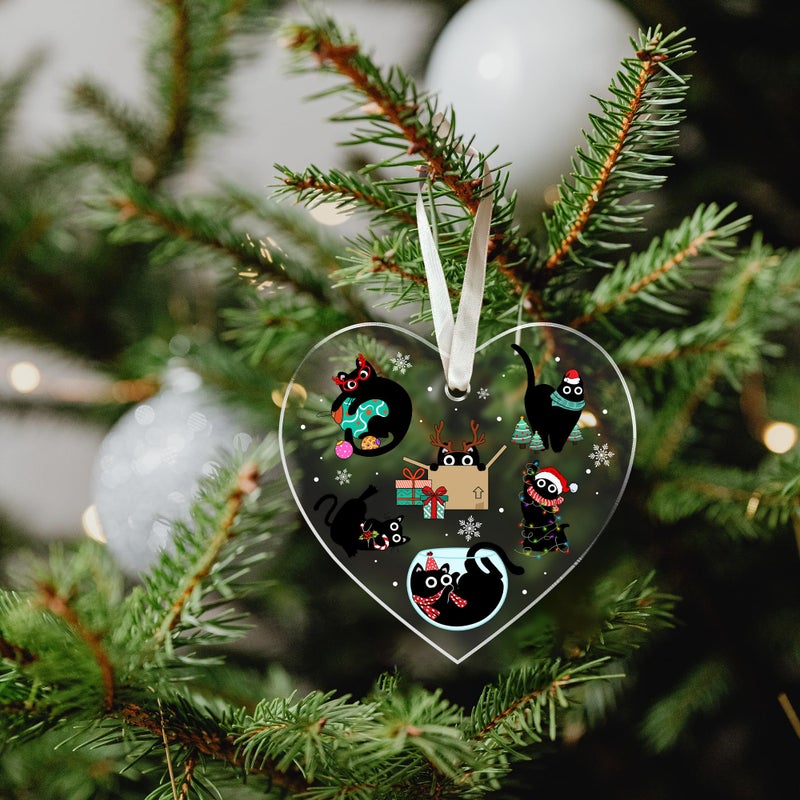 KATLADIZ Cat Christmas Tree Ornaments - Black Cat Christmas  Kitten Ornaments for Christmas Tree - Black Cat Christmas Ornament - Xmas Cat Gifts for Cat Lovers - Acrylic Christmas Black Cat Ornament 2024 - Image 5