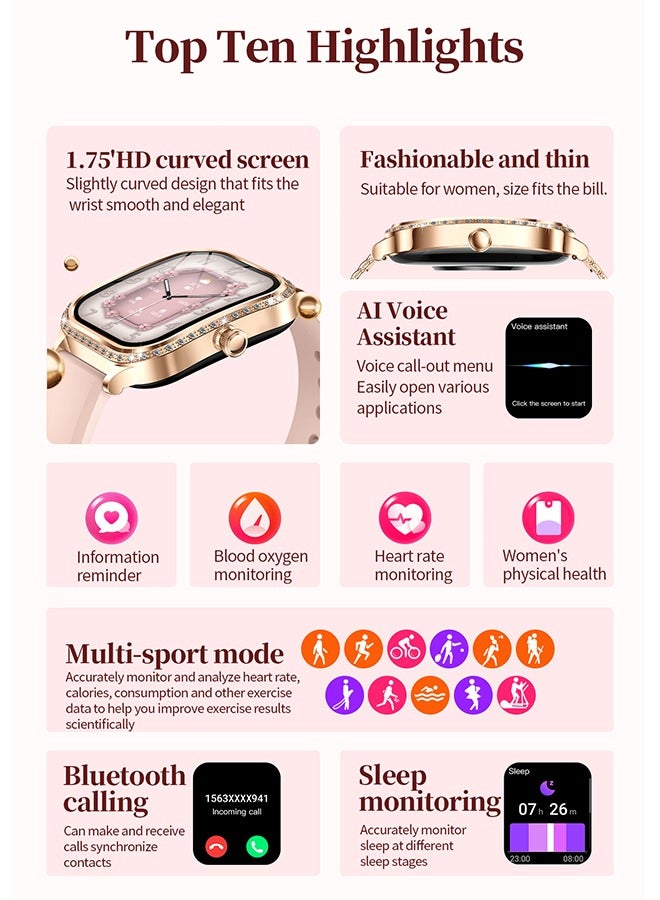 RollsTimi  Women's Smart Watch, Casual Watch, 1.75-inch High-Definition Curved Screen, Diamond Dial, Bluetooth Call (Answer/Make), AI Voice Assistant, 100+Sports Mode, Female Health Detection, Fashion Ladies SmartWatch, MK88 Tape Pink - Image 5