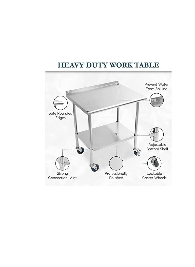 AL KHAYAM - Stainless Steel Prep Table for Kitchen Prep Station with Backsplash, Shelf on Wheels for Commercial  OR Home Kitchen Hotel, Restaurant Equipment with Cutting Board, Towel - 30x24x34 - Image 1