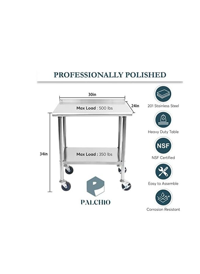 AL KHAYAM - Stainless Steel Prep Table for Kitchen Prep Station with Backsplash, Shelf on Wheels for Commercial  OR Home Kitchen Hotel, Restaurant Equipment with Cutting Board, Towel - 30x24x34 - Image 1