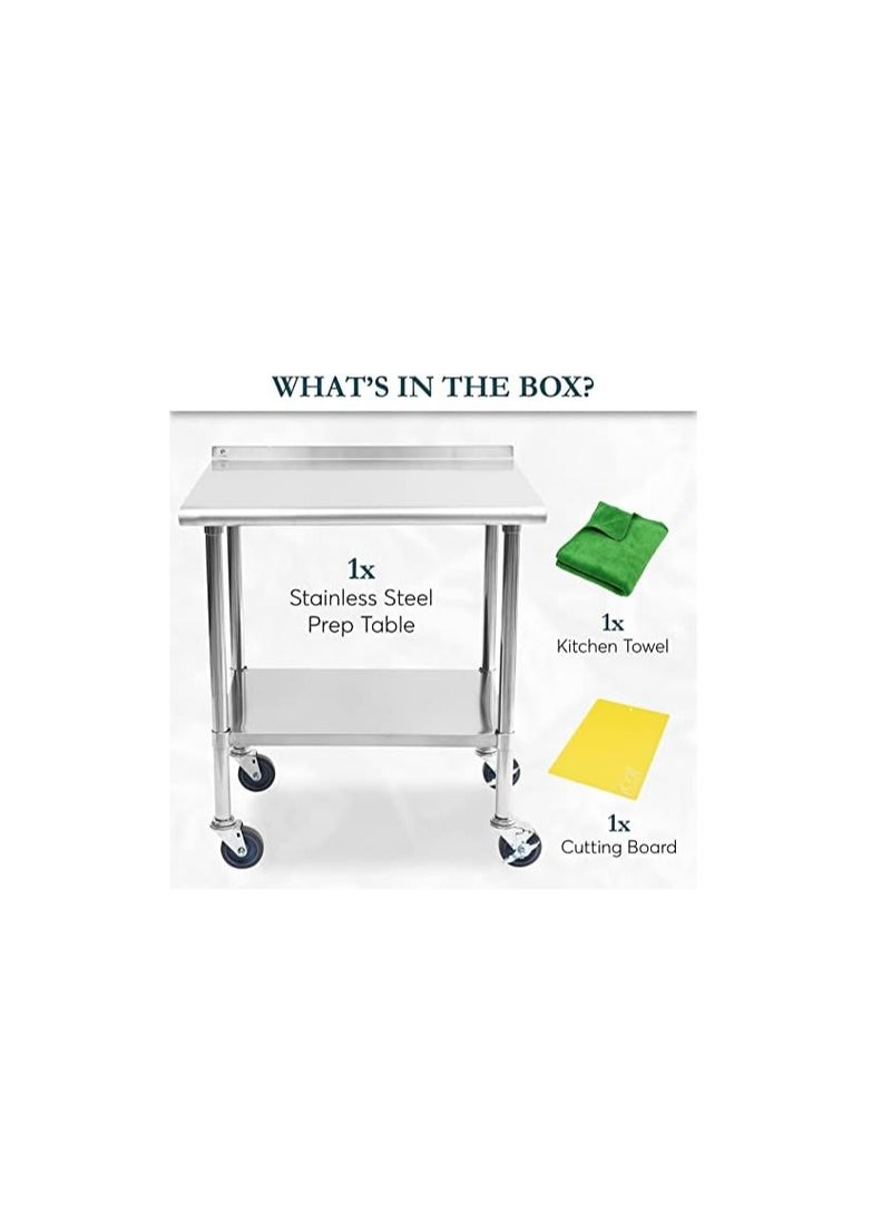 AL KHAYAM - Stainless Steel Prep Table for Kitchen Prep Station with Backsplash, Shelf on Wheels for Commercial  OR Home Kitchen Hotel, Restaurant Equipment with Cutting Board, Towel - 30x24x34 - Image 1