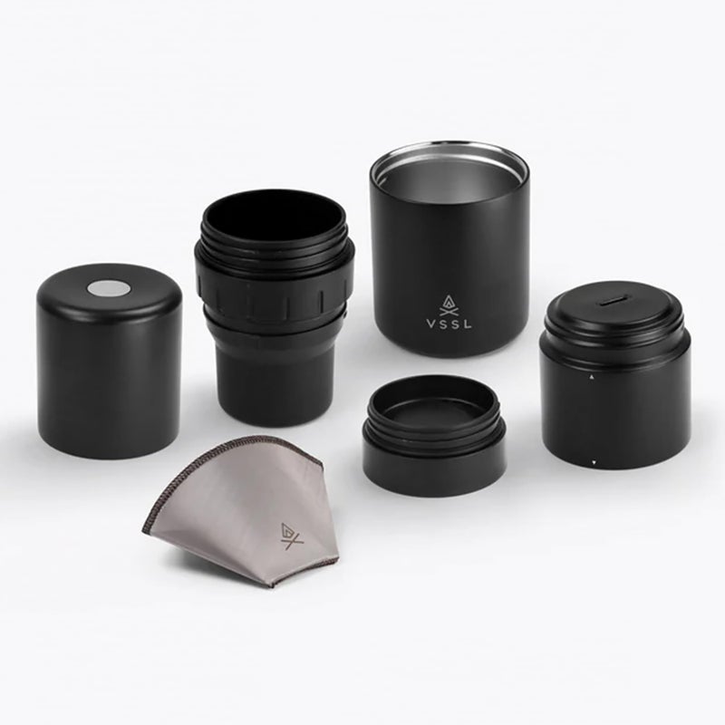VSSL  Nest Pour Over Coffee Kit  Coffee Maker for Camping  AllInOne Travel Pour Over  Transportable Dripper Two 10oz Stainless Steel Travel Mugs  Compact Storage  Adventure Ready  Black