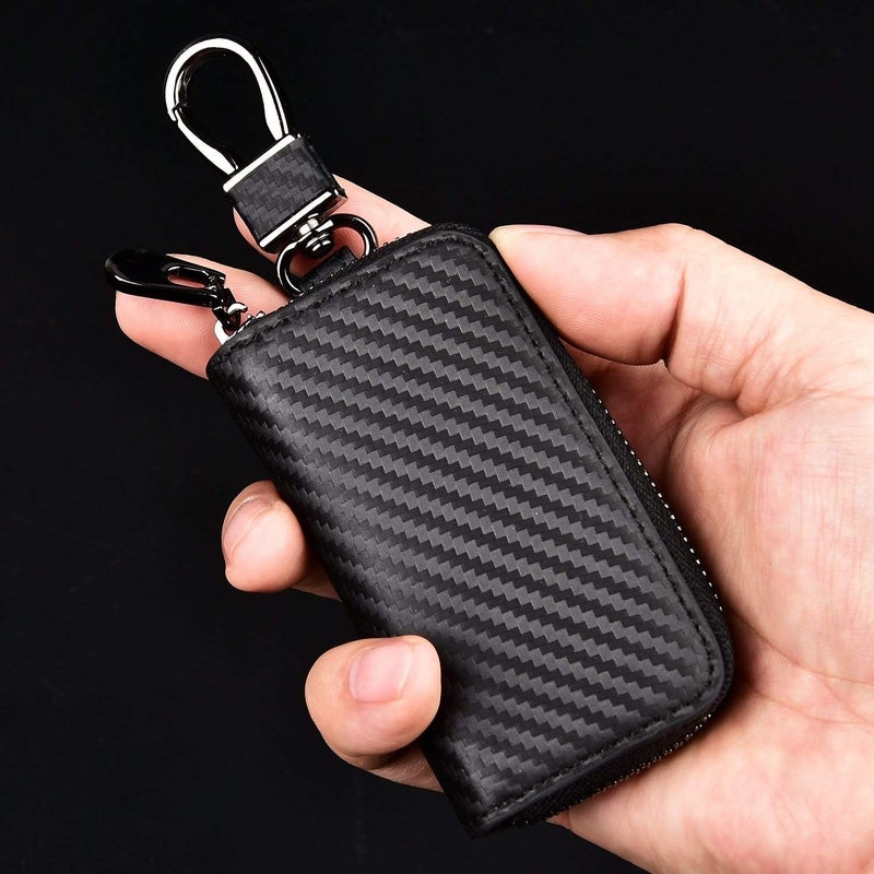 kinzd Car Keychain Holder Carbon Fiber Leather Car Smart Key Chain Holder Metal Hook Keyring Wallet Zipper Bag for Vehicle Keyless Entry For Men's Car Key Case Remote Key Fob - Image 2