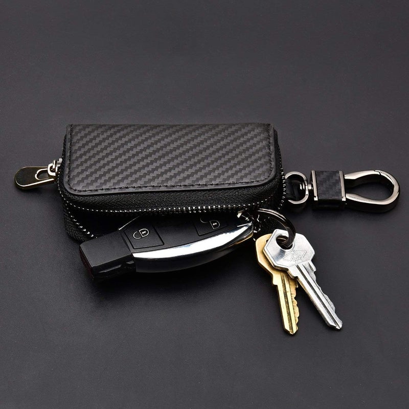 kinzd Car Keychain Holder Carbon Fiber Leather Car Smart Key Chain Holder Metal Hook Keyring Wallet Zipper Bag for Vehicle Keyless Entry For Men's Car Key Case Remote Key Fob - Image 3