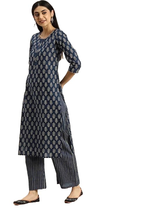 MEERA FAB Women's Cotton Printed Floral Straight Kurta With Palazzo, Dark Blue - Image 2