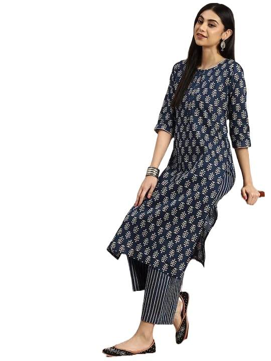 MEERA FAB Women's Cotton Printed Floral Straight Kurta With Palazzo, Dark Blue - Image 4