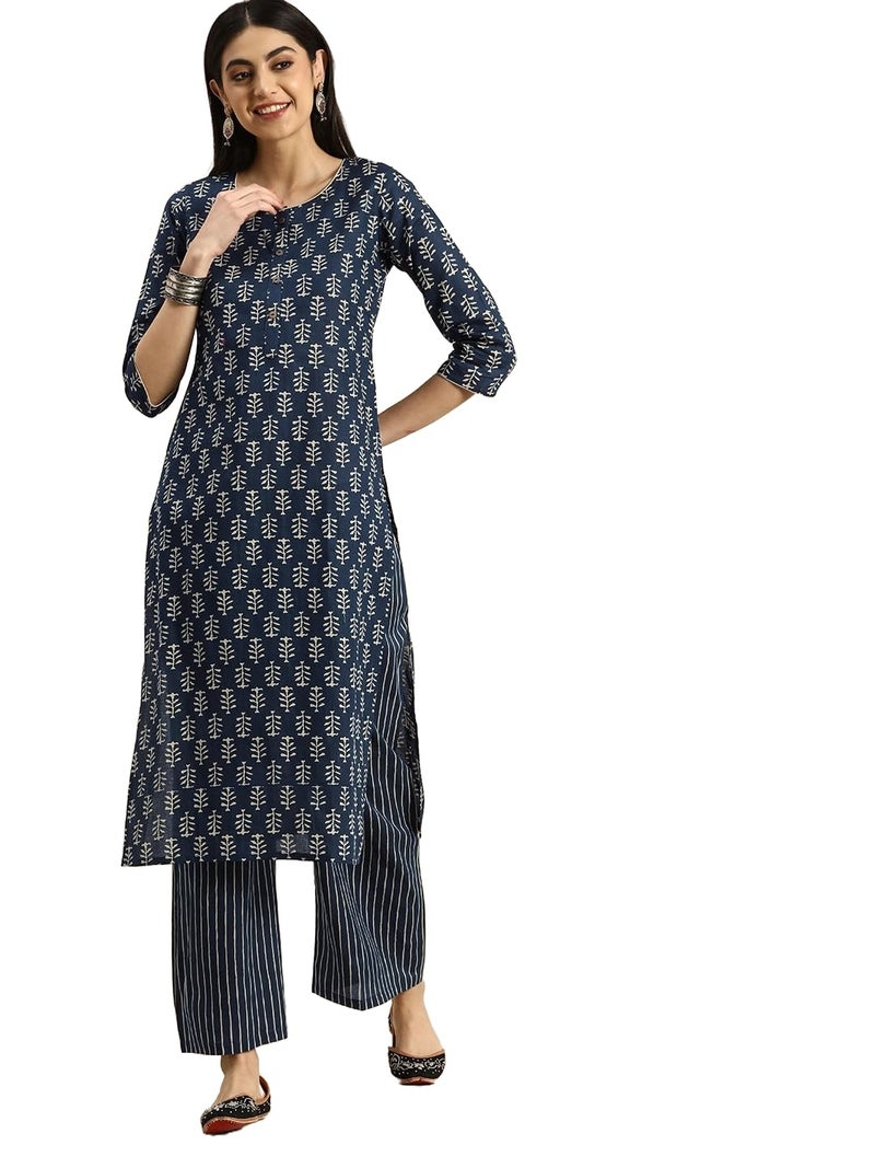 MEERA FAB Women's Cotton Printed Floral Straight Kurta With Palazzo, Dark Blue - Image 3