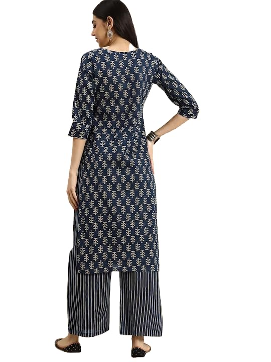 MEERA FAB Women's Cotton Printed Floral Straight Kurta With Palazzo, Dark Blue - Image 5