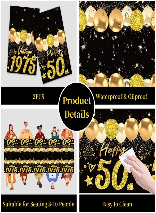 Uiorgui 2pcs 50th Birthday Tablecloth, Black Gold 50th Birthday Decorations for Men Women Vintage 1975 Table Cloth Plastic Rectangular 50th Table Cover Happy 50 th Anniversary Party Supplies - Image 3