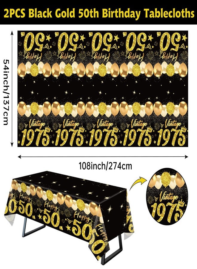 Uiorgui 2pcs 50th Birthday Tablecloth, Black Gold 50th Birthday Decorations for Men Women Vintage 1975 Table Cloth Plastic Rectangular 50th Table Cover Happy 50 th Anniversary Party Supplies - Image 2