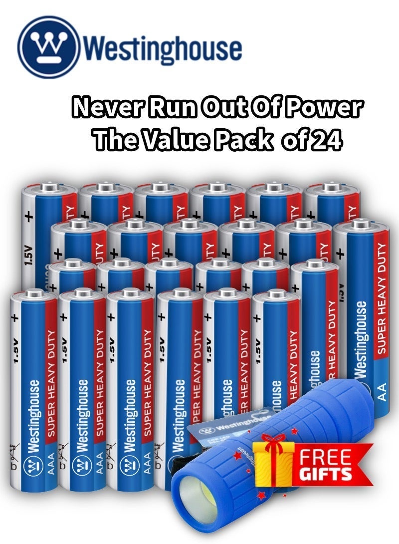 Westinghouse 24 Batteries (12x AA & 12x AAA) Super Heavy Duty Zinc Batteries 1.5V | Leak-Proof| Long-Lasting Power for Flashlights, Toys, Remotes.((LEDPocket Light Gift)) - Image 1