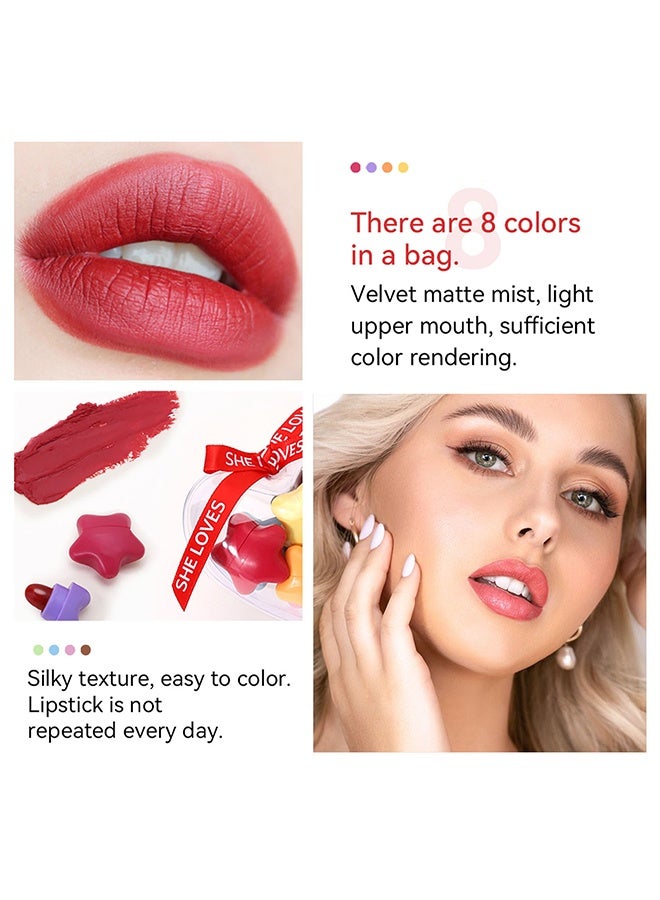 Sheloves Mist Stars Lipstick，Cute Lipstick For Girls Women, 8-Color Matte Color Mini Star Capsule Lipstick Set, Long Lasting Non Stick Cups, Star Candy Portable Colorful Velvet Lipsticks Mini Size - Image 4
