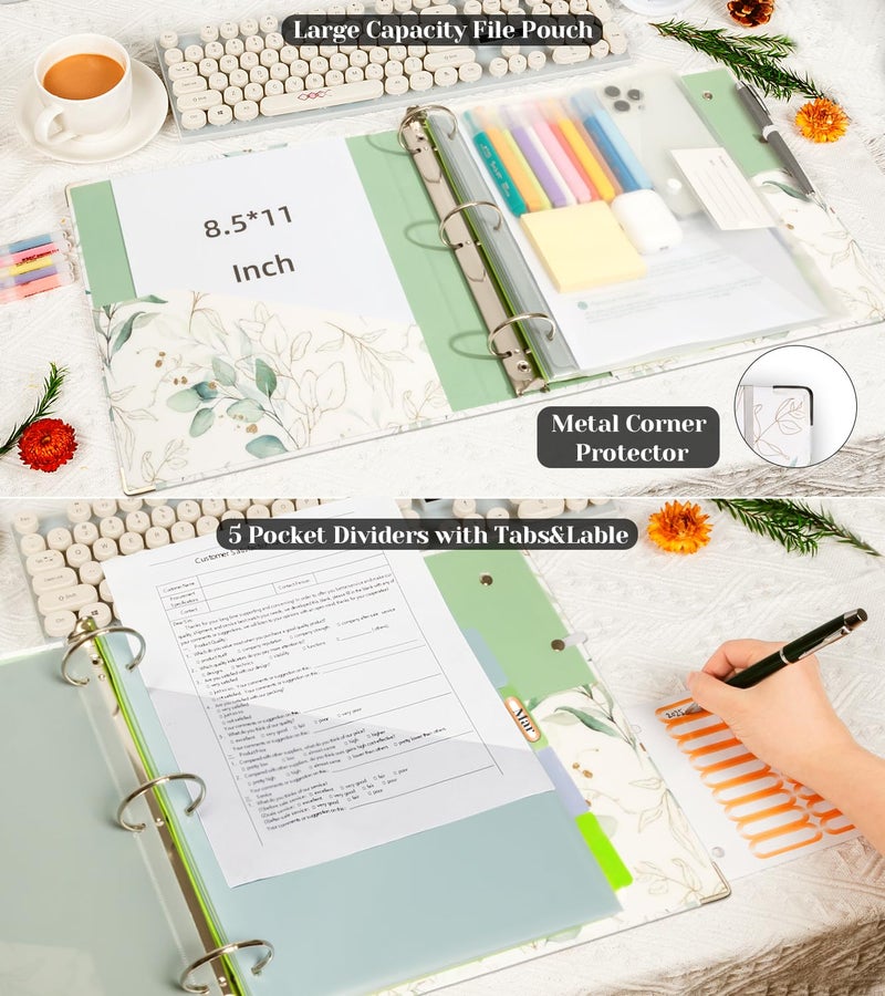 KLLVE 3 Ring Binder 2 Inch, Three Ring Binders Organizer with Clipboard, 5-Tabs Pockets Dividers, Plastic Folder, 18 Divider Stikers, KLLVE Cute Binder with Pen Loop (Leaves, Letter Size) - Image 3