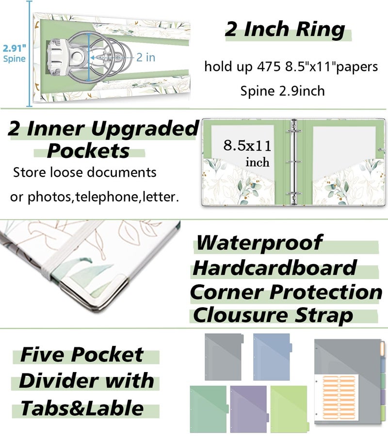 KLLVE 3 Ring Binder 2 Inch, Three Ring Binders Organizer with Clipboard, 5-Tabs Pockets Dividers, Plastic Folder, 18 Divider Stikers, KLLVE Cute Binder with Pen Loop (Leaves, Letter Size) - Image 4