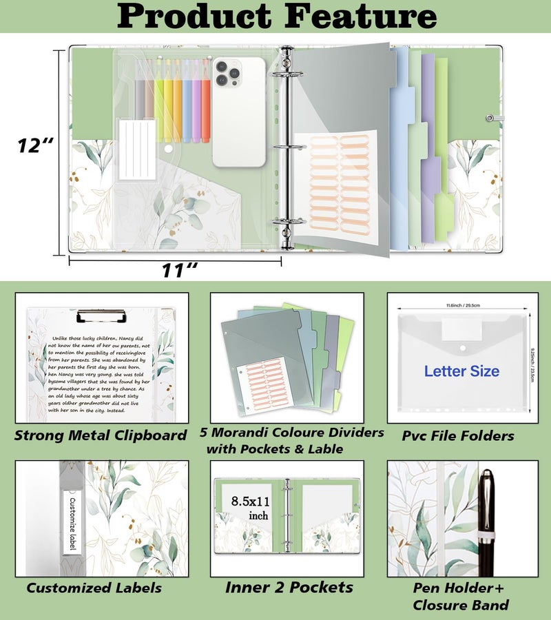 KLLVE 3 Ring Binder 2 Inch, Three Ring Binders Organizer with Clipboard, 5-Tabs Pockets Dividers, Plastic Folder, 18 Divider Stikers, KLLVE Cute Binder with Pen Loop (Leaves, Letter Size) - Image 2