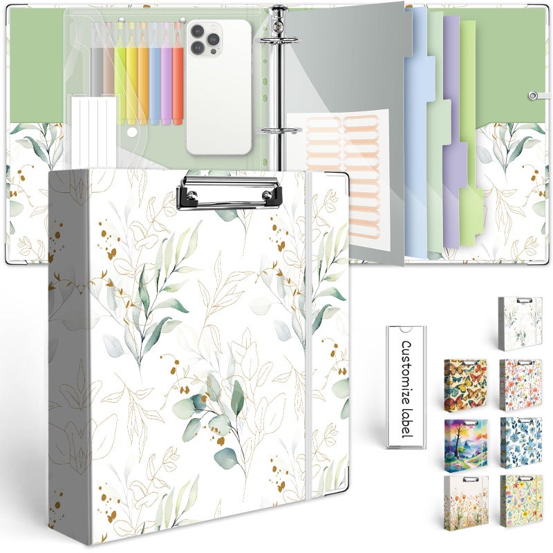 KLLVE 3 Ring Binder 2 Inch, Three Ring Binders Organizer with Clipboard, 5-Tabs Pockets Dividers, Plastic Folder, 18 Divider Stikers, KLLVE Cute Binder with Pen Loop (Leaves, Letter Size) - Image 1