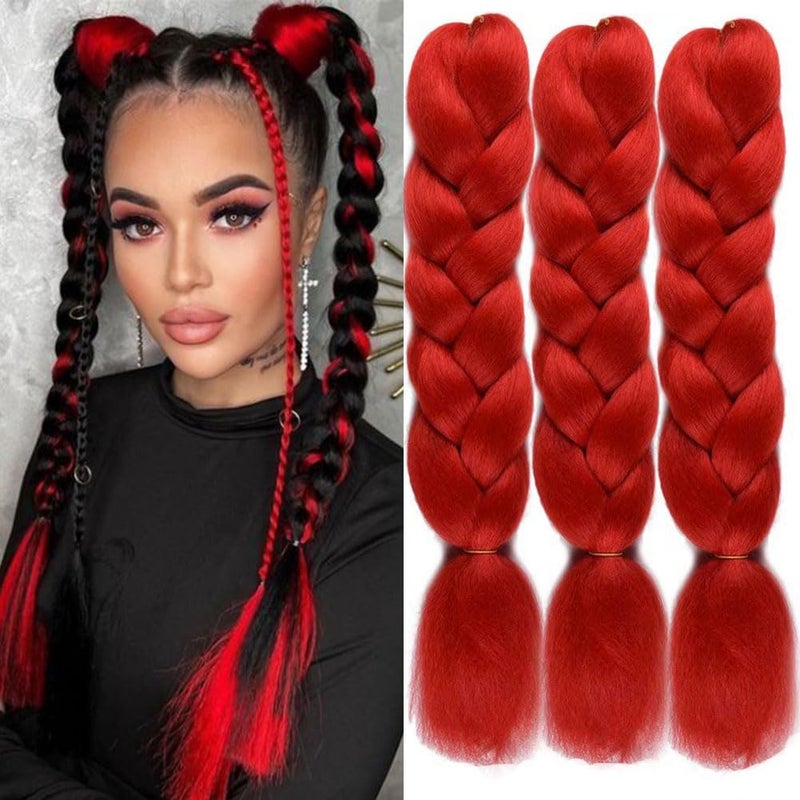 Red Braiding Hair Kanekalon Braiding Hair Extensions 3 Pack 24 Inch Synthetic Hair for Braiding Crochet Twist Boxes Braids Hair for Black Women 24InchRed